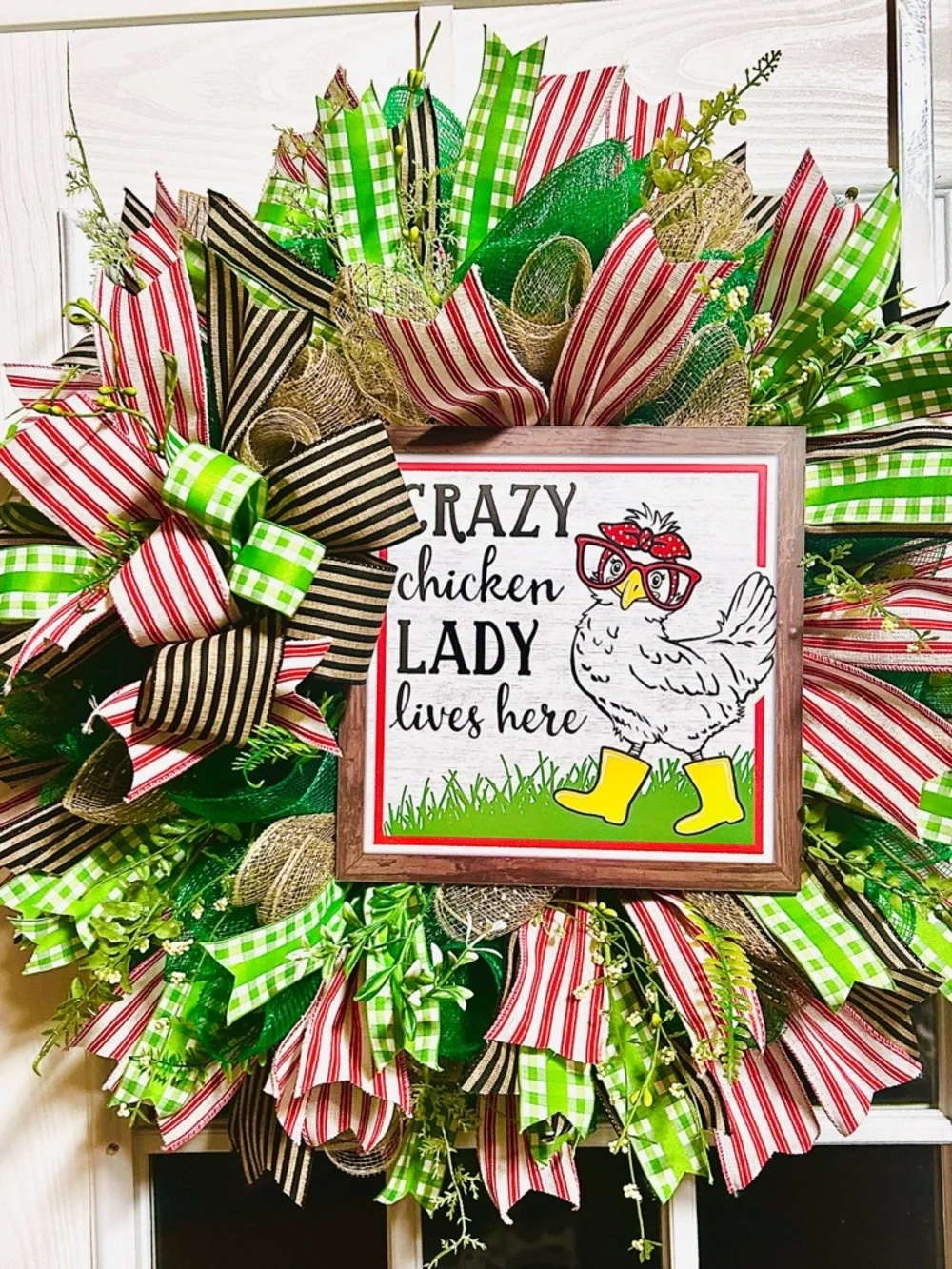Handmade Crazy Chicken Lady Wreath - Green, Red & Yellow